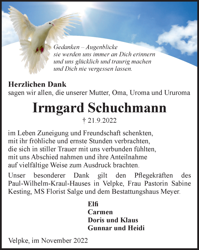  Traueranzeige für Irmgard Schuchmann vom 12.11.2022 aus Helmstedter Nachrichten
