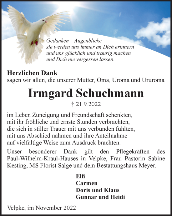 Traueranzeige von Irmgard Schuchmann von Helmstedter Nachrichten