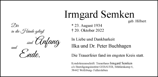 Traueranzeige von Irmgard Semken von Wolfsburger Nachrichten