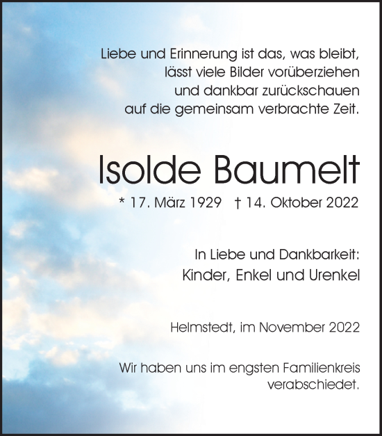 Traueranzeige von Isolde Baumelt von Helmstedter Nachrichten