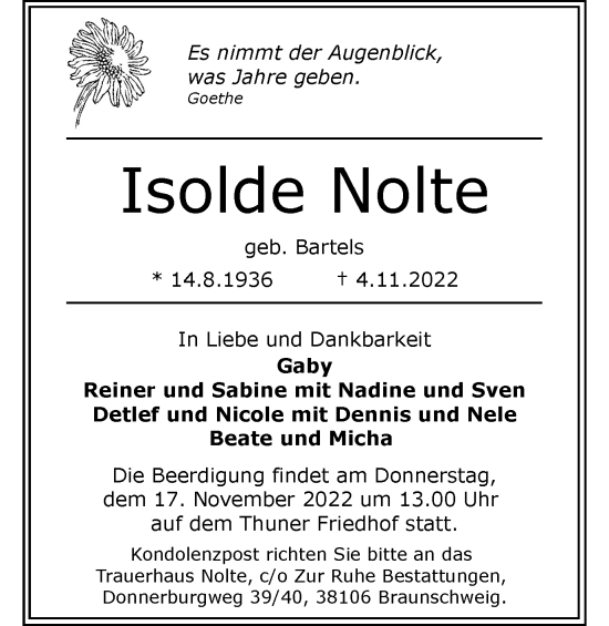 Traueranzeige von Isolde Nolte von Braunschweiger Zeitung