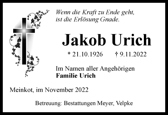 Traueranzeige von Jakob Urich von Helmstedter Nachrichten