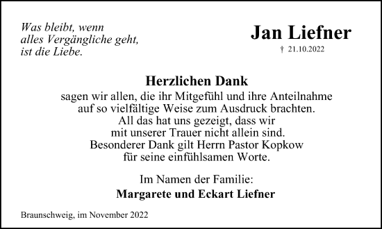 Traueranzeige von Jan Liefner von Braunschweiger Zeitung