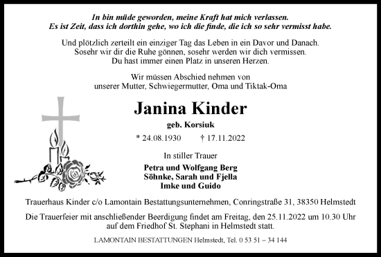 Traueranzeige von Janina Kinder von Helmstedter Nachrichten