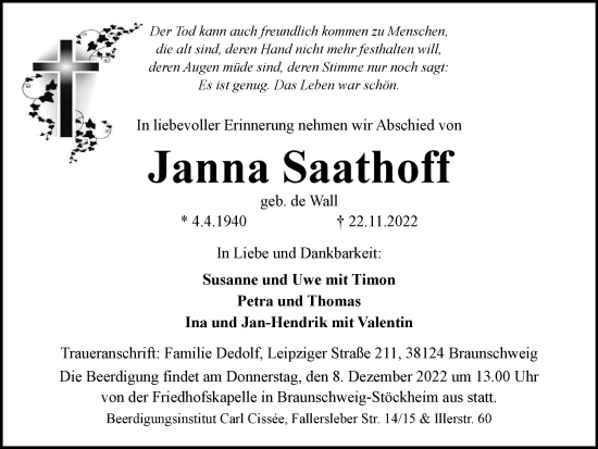 Traueranzeige von Janna Saathoff von Braunschweiger Zeitung