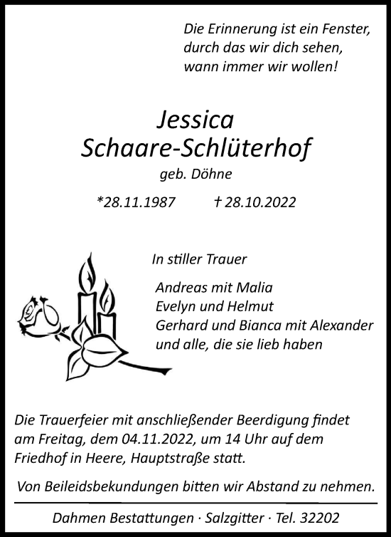 Traueranzeige von Jessica Schaare-Schlüterhof von Salzgitter-Zeitung