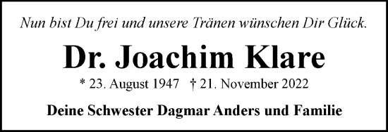 Traueranzeige von Joachim Klare von Braunschweiger Zeitung