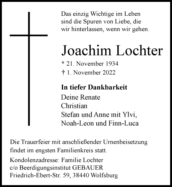 Traueranzeige von Joachim Lochter von Wolfsburger Nachrichten