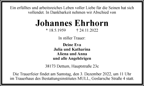 Traueranzeige von Johannes Ehrhorn von Braunschweiger Zeitung