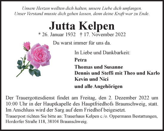 Traueranzeige von Jutta Kelpen von Braunschweiger Zeitung
