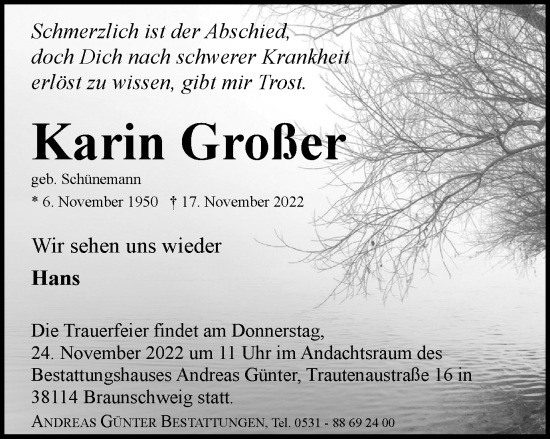 Traueranzeige von Karin Großer von Braunschweiger Zeitung