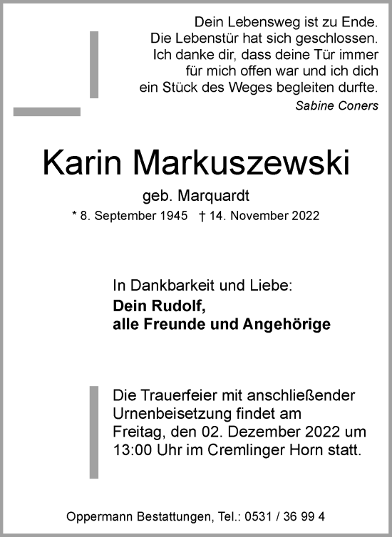 Traueranzeige von Karin Markuszewski von Braunschweiger Zeitung