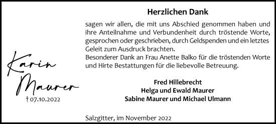 Traueranzeige von Karin Maurer von Salzgitter-Zeitung