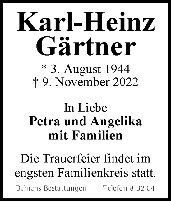 Traueranzeige von Karl-Heinz Gärtner von Wolfenbütteler Zeitung