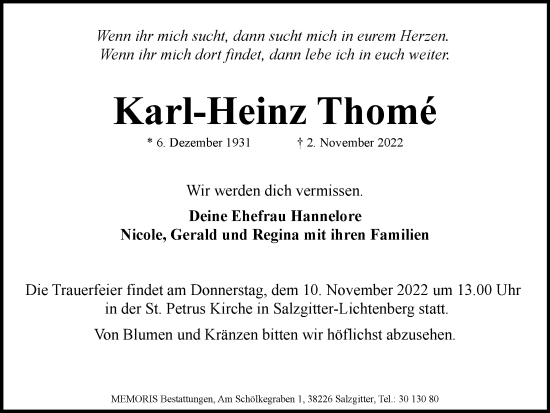 Traueranzeige von Karl-Heinz Thomé von Salzgitter-Zeitung