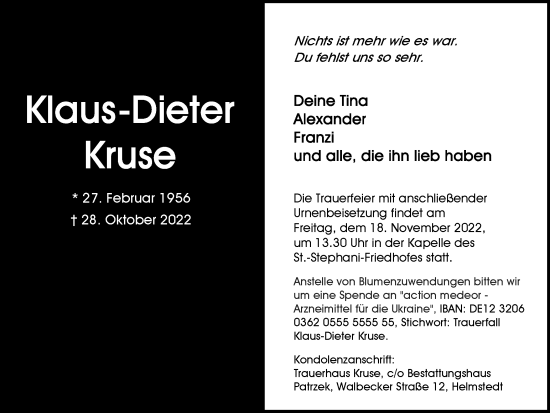 Traueranzeige von Klaus-Dieter Kruse von Helmstedter Nachrichten