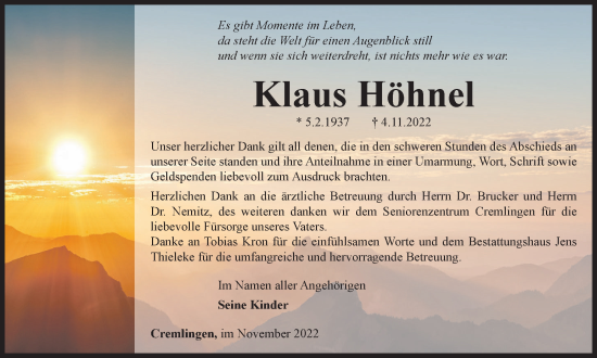 Traueranzeige von Klaus Höhnel von Wolfenbütteler Zeitung