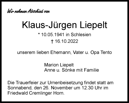 Traueranzeige von Klaus-Jürgen Liepelt von Braunschweiger Zeitung