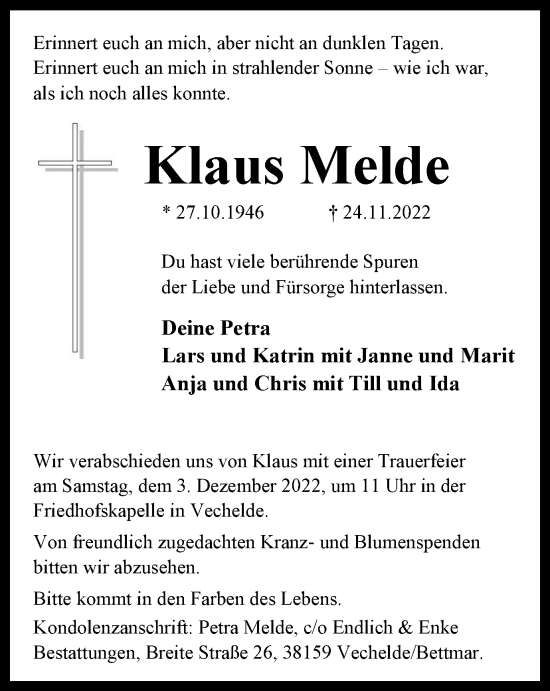 Traueranzeige von Klaus Melde von Wolfenbütteler Zeitung