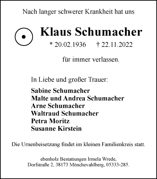 Traueranzeige von Klaus Schumacher von Braunschweiger Zeitung