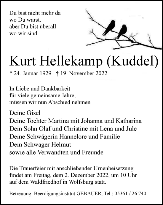 Traueranzeige von Kurt Hellekamp von Wolfsburger Nachrichten