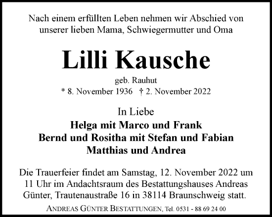 Traueranzeige von Lilli Kausche von Braunschweiger Zeitung