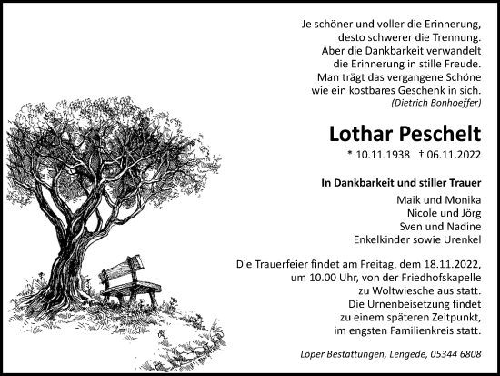 Traueranzeige von Lothar Peschelt von Peiner Nachrichten