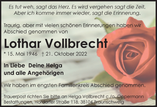 Traueranzeige von Lothar Vollbrecht von Braunschweiger Zeitung