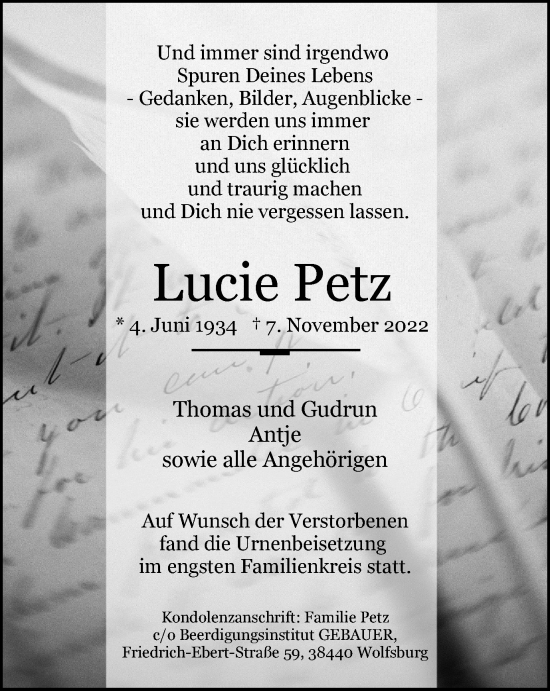 Traueranzeige von Lucie Petz von Wolfsburger Nachrichten
