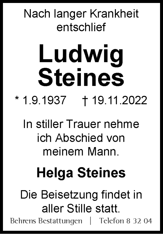 Traueranzeige von Ludwig Steines von Braunschweiger Zeitung
