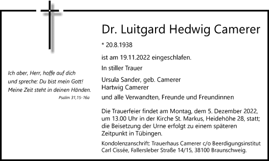 Traueranzeige von Luitgard Hedwig Camerer von Braunschweiger Zeitung