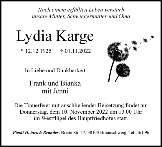 Traueranzeige von Lydia Karge von Braunschweiger Zeitung