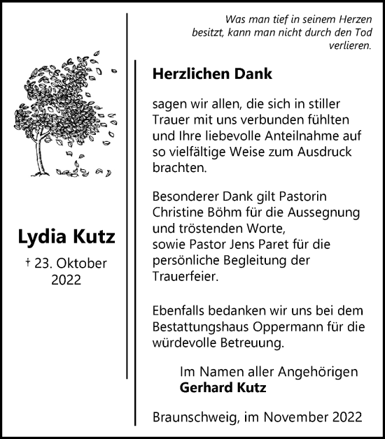 Traueranzeige von Lydia Kutz von Braunschweiger Zeitung