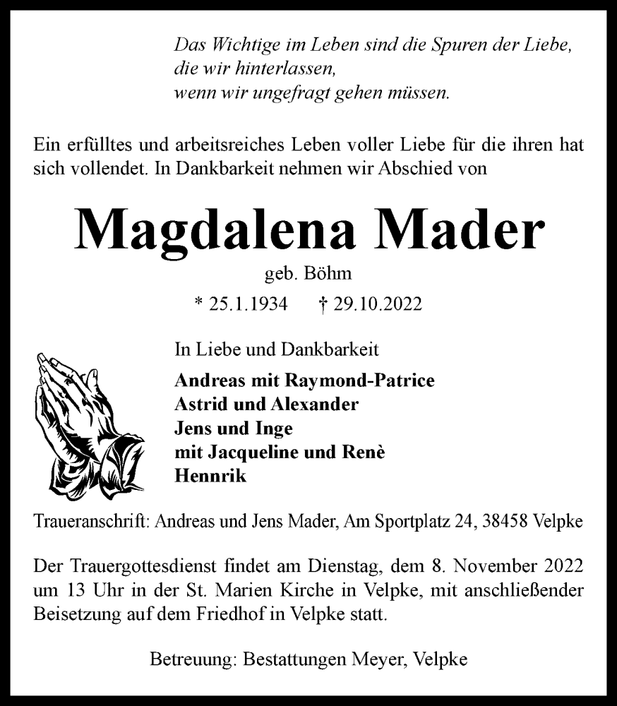  Traueranzeige für Magdalena Mader vom 05.11.2022 aus Helmstedter Nachrichten