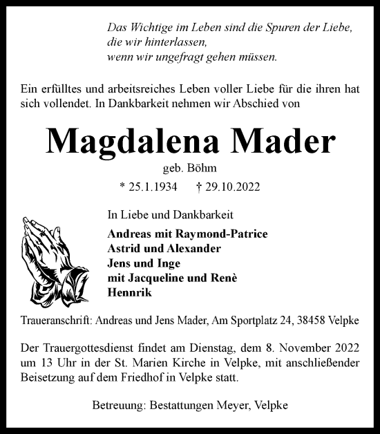 Traueranzeige von Magdalena Mader von Helmstedter Nachrichten