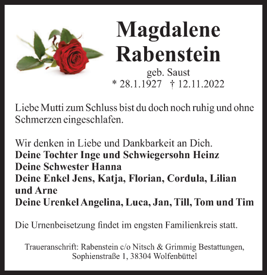 Traueranzeige von Magdalene Rabenstein von Salzgitter-Zeitung