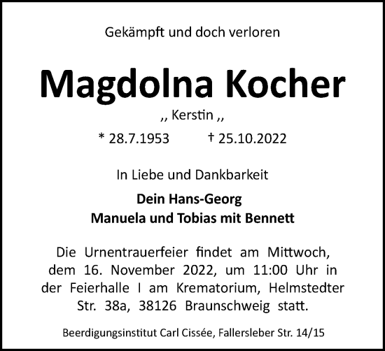 Traueranzeige von Magdolna Kocher von Braunschweiger Zeitung