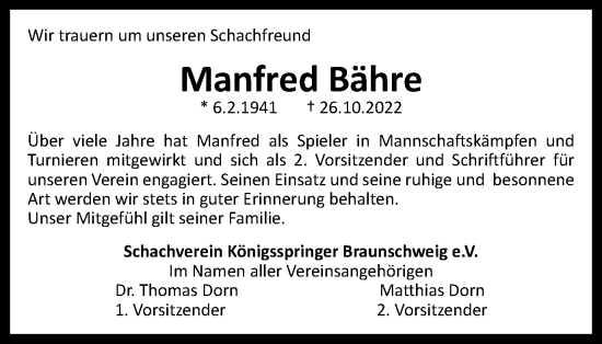 Traueranzeige von Manfred Bähre von Braunschweiger Zeitung