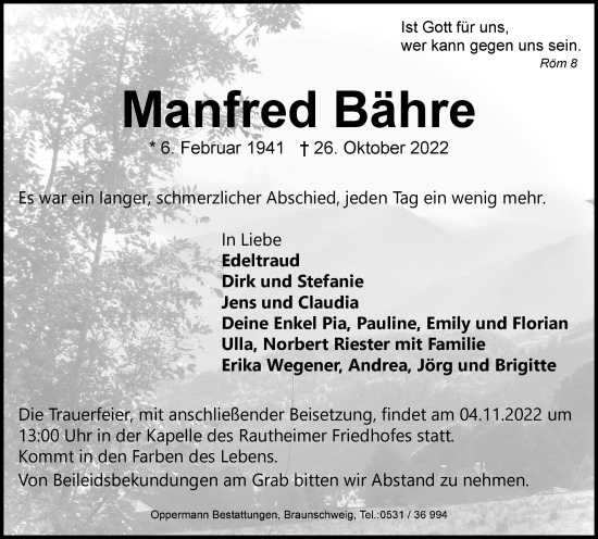 Traueranzeige von Manfred Bähre von Braunschweiger Zeitung