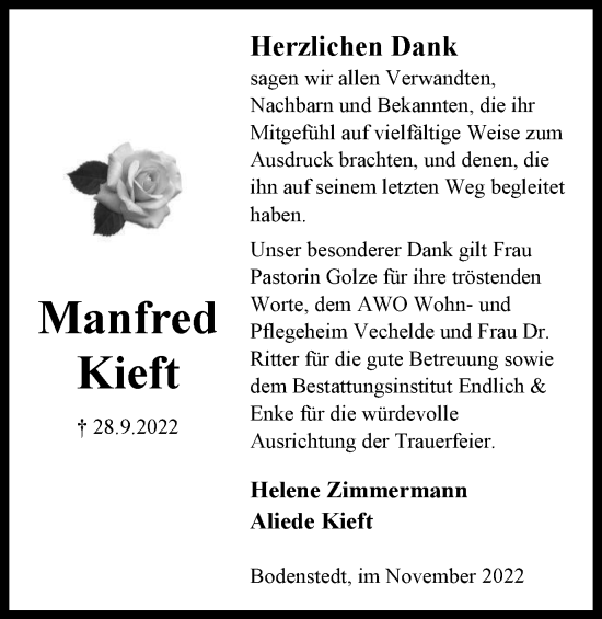 Traueranzeige von Manfred Kieft von Peiner Nachrichten