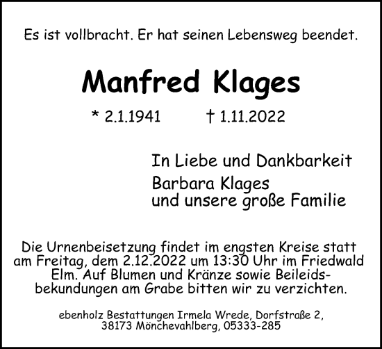 Traueranzeige von Manfred Klages von Braunschweiger Zeitung