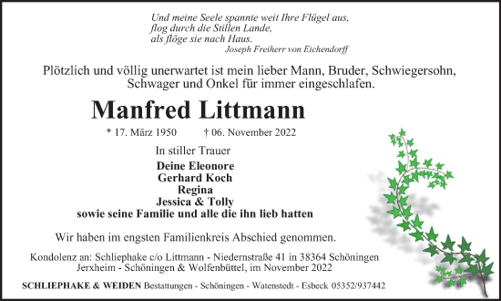 Traueranzeige von Manfred Littmann von Braunschweiger Zeitung