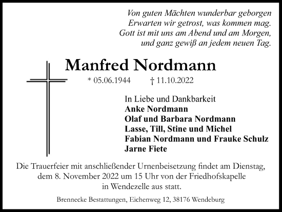 Traueranzeige von Manfred Nordmann von Peiner Nachrichten