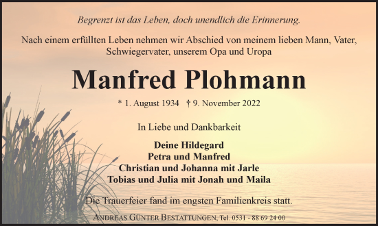 Traueranzeige von Manfred Plohmann von Braunschweiger Zeitung
