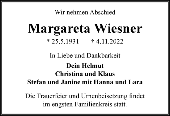 Traueranzeige von Margareta Wiesner von Wolfsburger Nachrichten