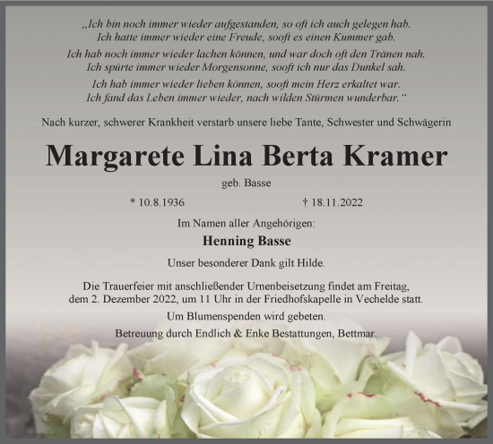 Traueranzeige von Margarete Lina Berta Kramer von Peiner Nachrichten