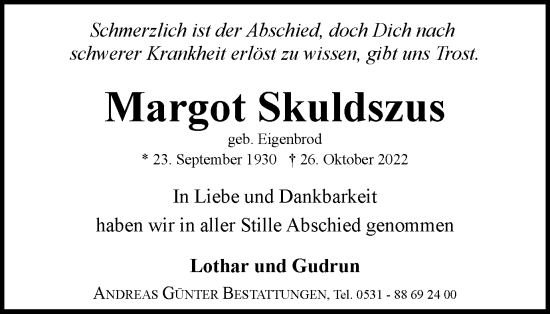 Traueranzeige von Margot Skuldszus von Braunschweiger Zeitung