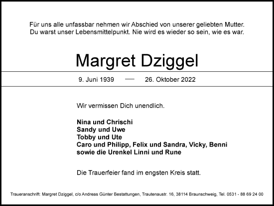 Traueranzeige von Margret Dziggel von Braunschweiger Zeitung