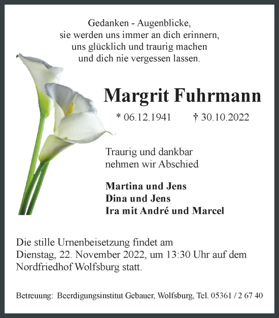 Traueranzeige von Margrit Fuhrmann von Wolfsburger Nachrichten