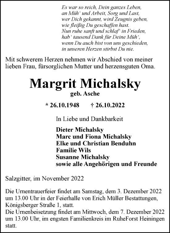 Traueranzeige von Margrit Michalsky von Salzgitter-Zeitung